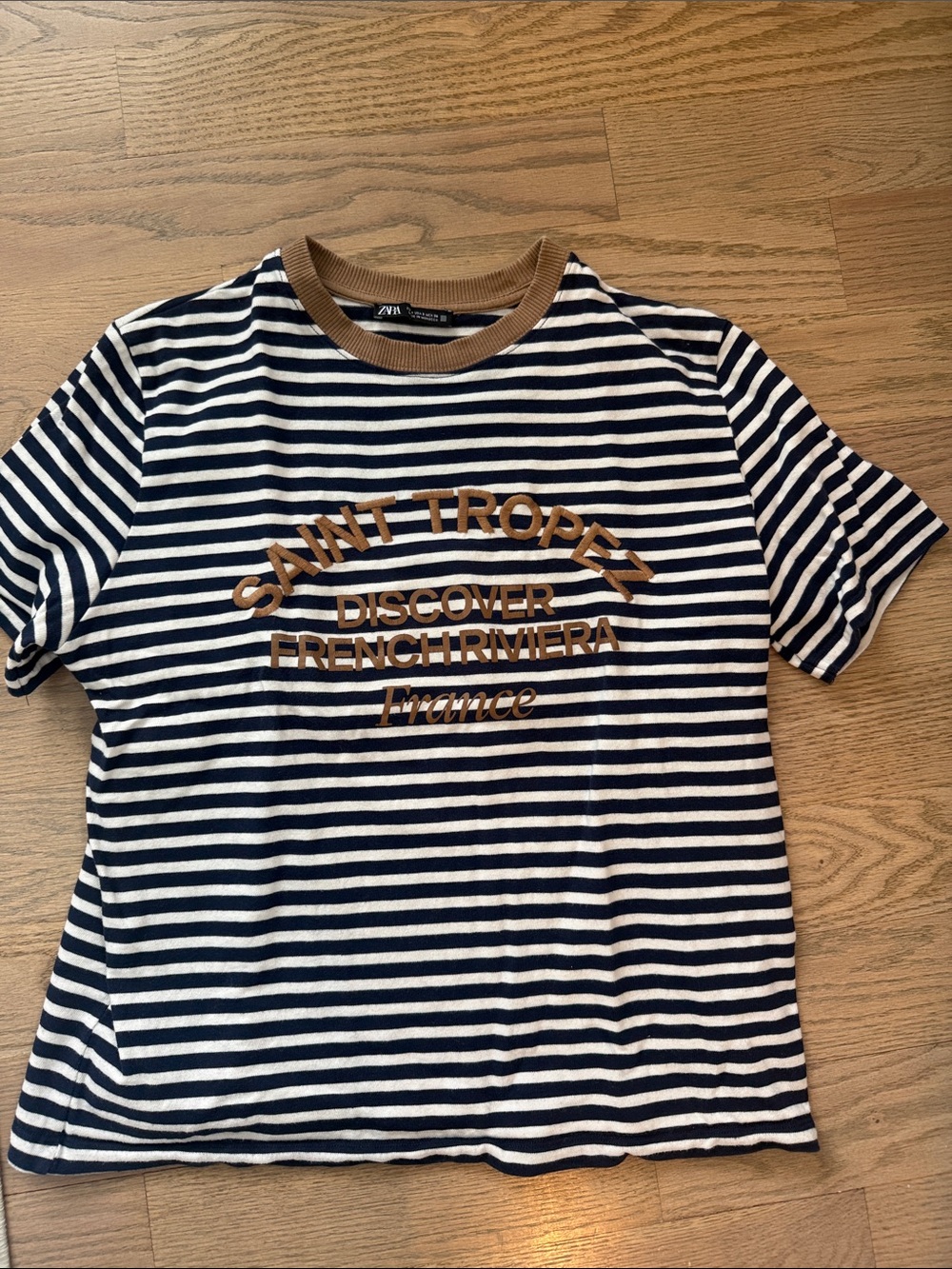 Zara Navy & White Striped Graphic Tee with Tan Accent